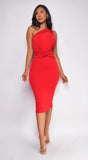 Nat One Shoulder Front Knot Midi Dress Red