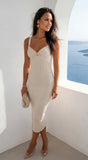 Veroniqa Ribbed Knit Sweetheart Midi Dress Beige