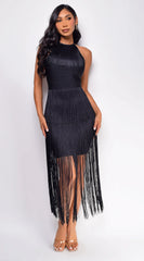 Seilynn Black Halter Fringe Mini Dress