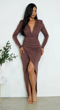 Xena Wrap Long Sleeve Maxi Dress Brown