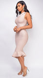 Luna Asymmetric Ruffle Bottom Bandage Dress Beige