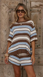 Makai Knitted T Shirt and Shorts Set Blue Chocolate Stripe