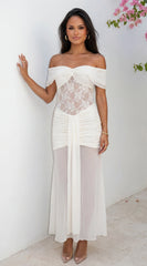 Elarisse Lace Mesh Maxi Dress Cream White