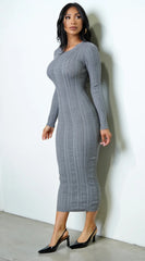 Alexandra Long Sleeve Knit Cable Midi Dress Gray