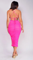 Keilana Mesh Ruched Midi Dress Pink