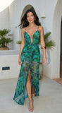Palmera Tropical Ruched Mesh Maxi Dress Green