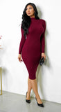 Cielo Mock Neck Long Sleeve Ribbed Mid Dress Burgundy