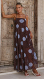 Melinda Mesh Maxi Dress Brown Blue Polka Dot