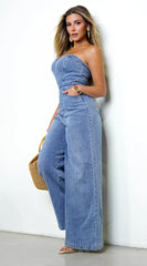 Halo Strapless Wide Leg Denim Jumpsuit Blue