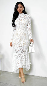 Ishani Mock Neck Lace Midi Dress White