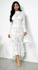 Ishani Mock Neck Lace Midi Dress White