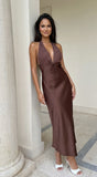 Mocha Muse Polka Dot Satin Maxi Dress Brown