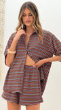 Tali Button Up Shirt and Shorts Set Brown Blue Stripe