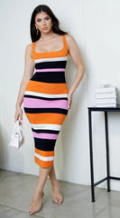 Mari Stripe Multi Color Midi Dress Orange