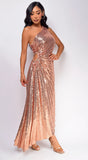 Rio Rose Gold Sequin Asymmetrical Pleated Maxi Dress