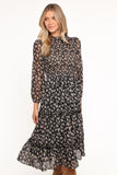 Edwina Shirred Frill Long Sleeve Midi Dress Black Ditsy Floral