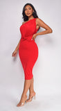 Nat One Shoulder Front Knot Midi Dress Red