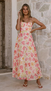 Rahima Maxi Dress Pink Yellow Flower