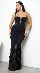 Orlisse Rhinestone Feather Maxi Dress Black
