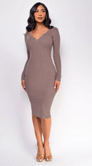 Aura Button Ribbed Midi Dress Beige