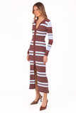 Eliana Long Sleeve Midi Dress Brown Blue Stripe