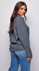 Remy V Neck Drop Shoulder Sweater Top Gray