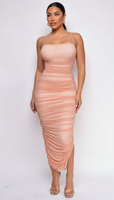 Kana Blush Pink Ruched Mesh Slit Dress