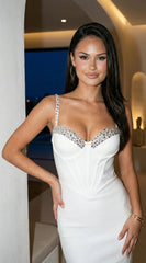 Selvara Crystal Bandage Midi Dress Off White