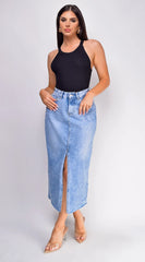 Frances High Rise Denim Midi Skirt Blue