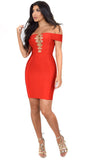 Frida Red Off Shoulder Gold Chain Criss Cross Bandage Dress