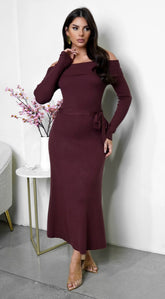 Zoya Off Shoulder Ribbed Midi Dress Brown