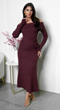 Zoya Off Shoulder Ribbed Midi Dress Brown