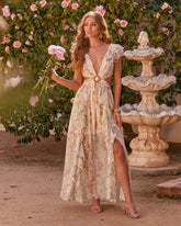 Soleil Printed Cutout Ruffle Maxi Dress