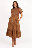 Naura Shirred Tiered Midi Dress Cognac Floral