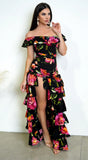 Eivissa Floral Off Shoulder Ruffle Tier Maxi Dress Black