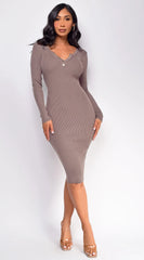 Aura Button Ribbed Midi Dress Beige
