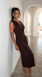 Seralya V Neck Surplice Pleated Midi Dress Brown