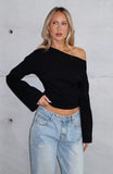 Falling For Him Cinched Waist Off Shoulder Long Sleeve Top Black
