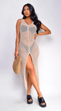 Lianna Crochet Button Down Cover Up Dress Beige