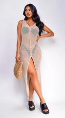 Lianna Crochet Button Down Cover Up Dress Beige