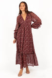 Evian Long Sleeve Maxi Dress Burgundy Multi