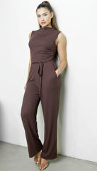 Cael Ribbed Mock Neck Jumpsuit Brown