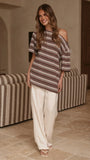 Pia One Shoulder Oversize Tee Choc Blue Stripe
