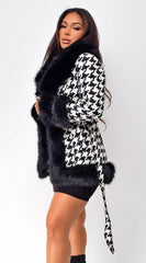 Korinna Houndstooth Faux Fur Coat Black