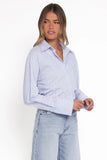 Vienne Tie Back Button Up Shirt Blue Brown Stripe