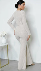 Elektra V Neck Pearl Sequin Jumpsuit Cream