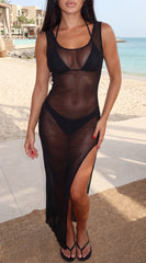 Marenya Mesh Side Slit Maxi Cover Up Dress Black