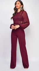 Nerine Crochet Lace Mesh Jumpsuit Burgundy Red