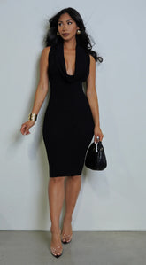 Nilly Cowl Neck Ribbed Midi Dress Black