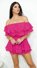 Karli Off Shoulder Ruffled Romper Pink